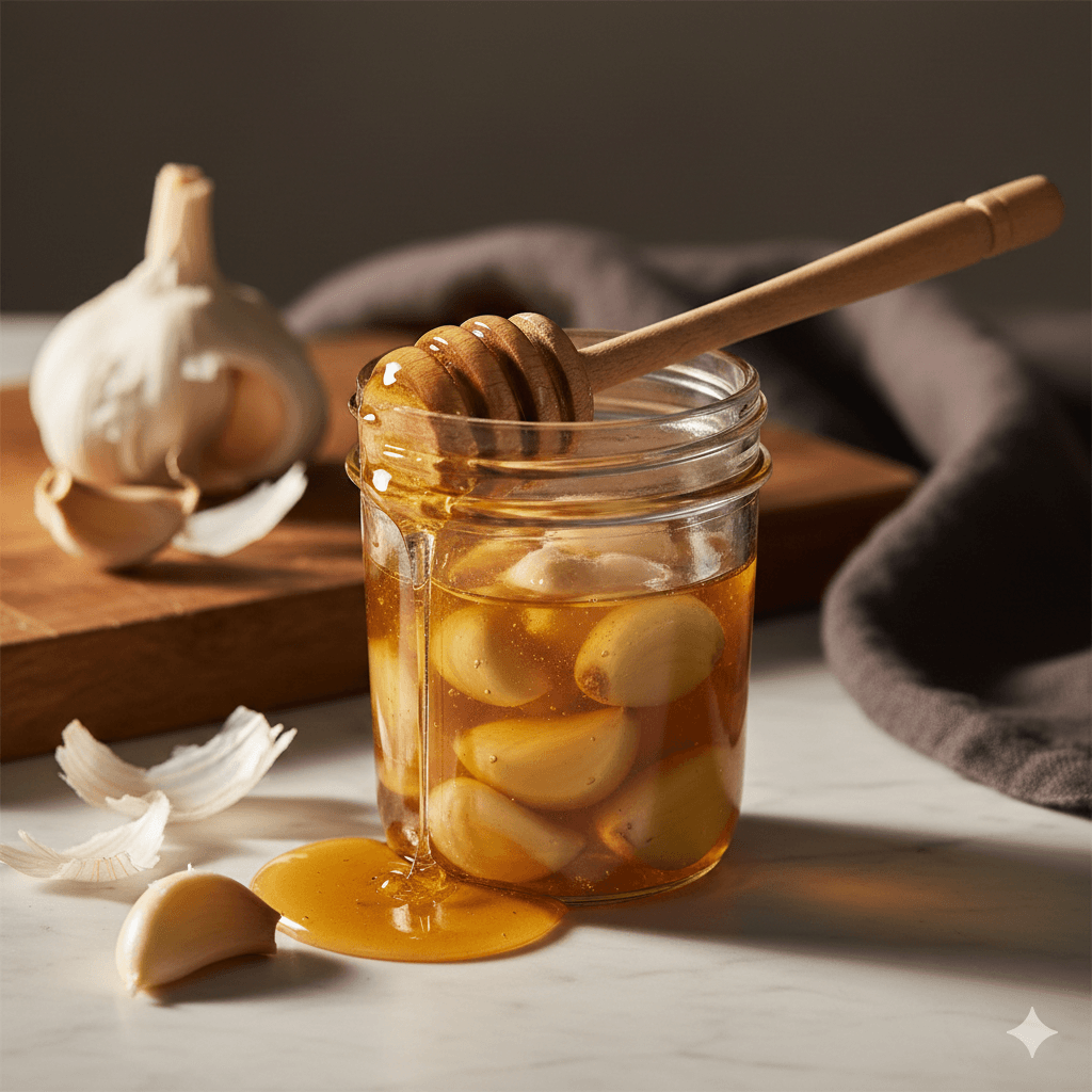 Fermented garlic cloves in a jar of golden honey — fermented garlic honey recipe