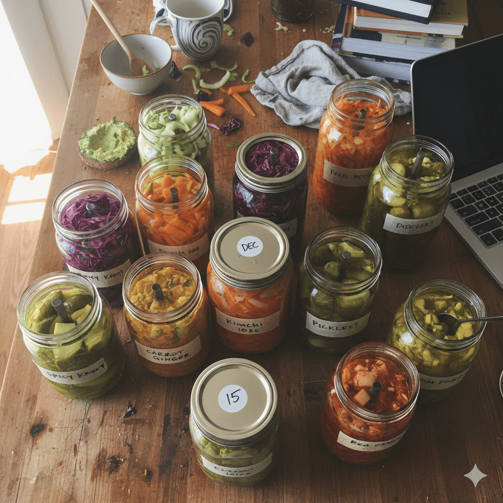 Neatly labeled mason jars of fermented vegetables organized on a kitchen table — how to label and track ferments