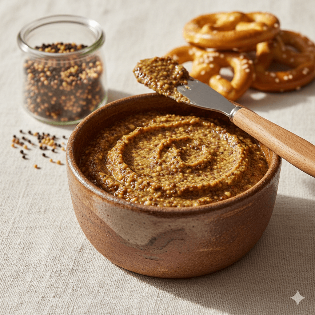 Homemade fermented mustard in a jar with whole mustard seeds