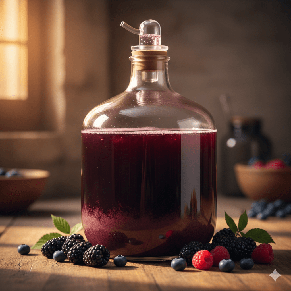 Glass carboy of homemade fruit wine with an airlock — how to make wine at home